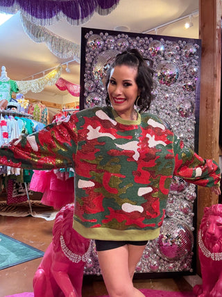 QOS Red & Green Full Sequin Camo Sweatshirt - Boutique Bella BellaQueen of Sparkles