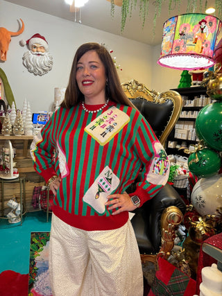 QOS Red & Green Striped Christmas Mahjong Tile Sweater - Boutique Bella BellaQueen of Sparkles