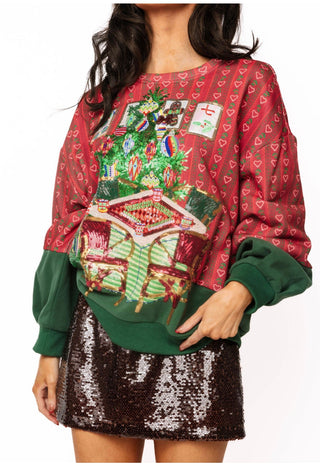 QOS Red Multi Mahjong Table By Christmas Tree Sweatshirt - Boutique Bella BellaQueen of Sparkles