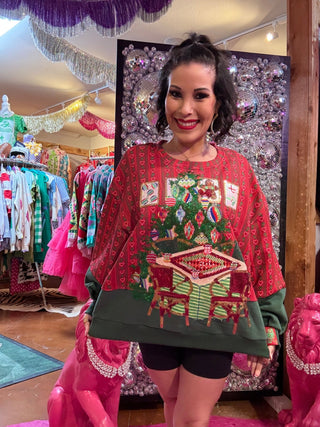 QOS Red Multi Mahjong Table By Christmas Tree Sweatshirt - Boutique Bella BellaQueen of Sparkles