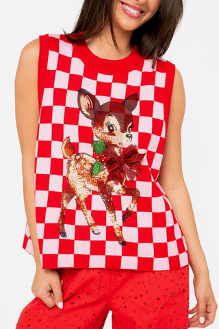QOS Red & Pink Checkered Reindeer Knit Vest - Boutique Bella BellaQueen of Sparkles
