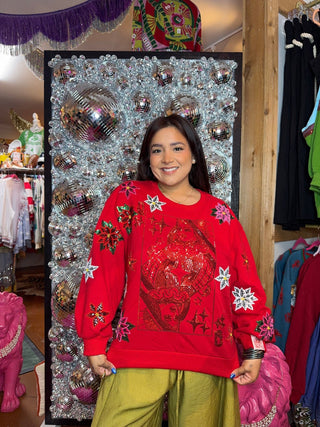 QOS Red Poinsettia QOS Card Logo Sweatshirt - Boutique Bella BellaQueen of Sparkles