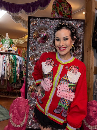 QOS Red Rainbow Santa Button Up Cardigan - Boutique Bella BellaTops