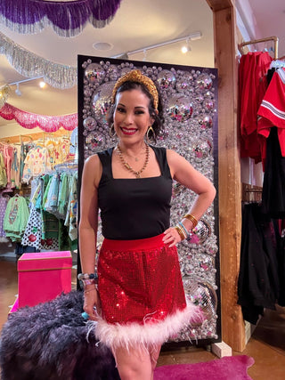 QOS Red Sequin Feather Trim Santa Skirt - Boutique Bella BellaQueen of Sparkles