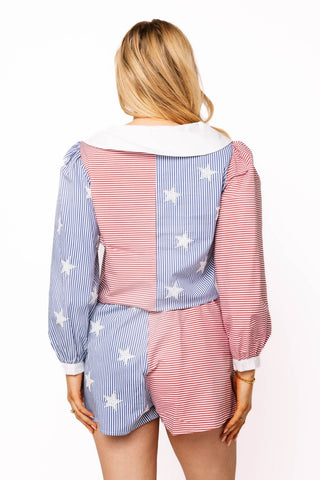 QOS Red, White & Blue Colorblock Stripe Star Short - Boutique Bella BellaQueen of Sparkles