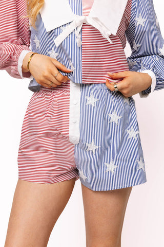 QOS Red, White & Blue Colorblock Stripe Star Short - Boutique Bella BellaQueen of Sparkles