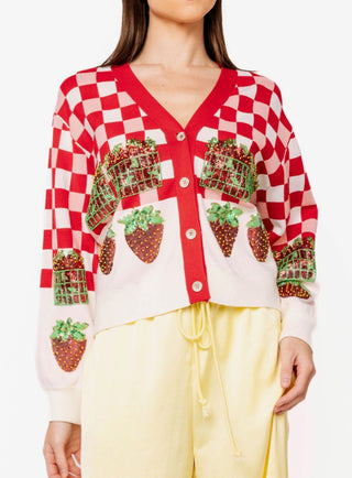 QOS Red & White Checkered Strawberry Button Up Cardigan - Boutique Bella BellaCardigan