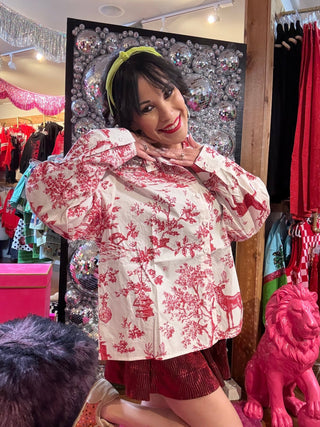 QOS Red & White Christmas Twall Cotton Button Up Top - Boutique Bella BellaQueen of Sparkles
