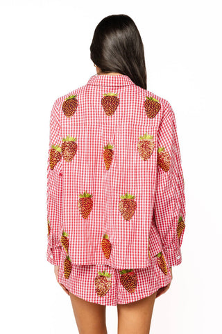 QOS Red & White Gingham Beaded Strawberry Short - Boutique Bella BellaQueen of Sparkles