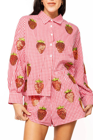 QOS Red & White Gingham Beaded Strawberry Short - Boutique Bella BellaQueen of Sparkles