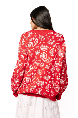 QOS Red & White Paisley Print Cowboy Santa Sweater - Boutique Bella BellaQueen of Sparkles