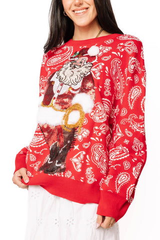 QOS Red & White Paisley Print Cowboy Santa Sweater - Boutique Bella BellaQueen of Sparkles