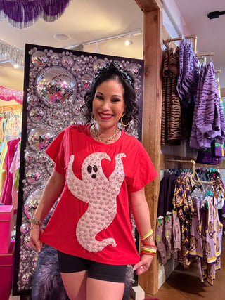 QOS Red & White Sequin Flower Ghost Tee - Boutique Bella BellaQueen of Sparkles