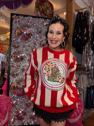 QOS Red & White Striped Cookies On Plate Sweater - Boutique Bella BellaTops