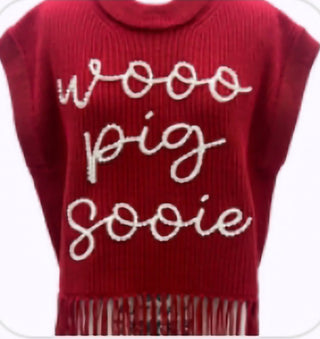 QOS - Red 'Woo Pig Sooie' Fringe Sweater Vest - Boutique Bella BellaQueen of Sparkles