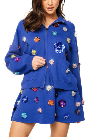QOS Royal Blue Sequin Flower Zip Up Sweater - Boutique Bella BellaQueen of Sparkles