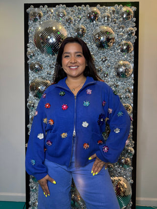 QOS Royal Blue Sequin Flower Zip Up Sweater - Boutique Bella BellaQueen of Sparkles