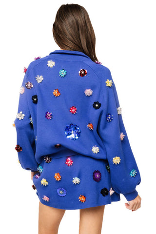 QOS Royal Blue Sequin Flower Zip Up Sweater - Boutique Bella BellaQueen of Sparkles