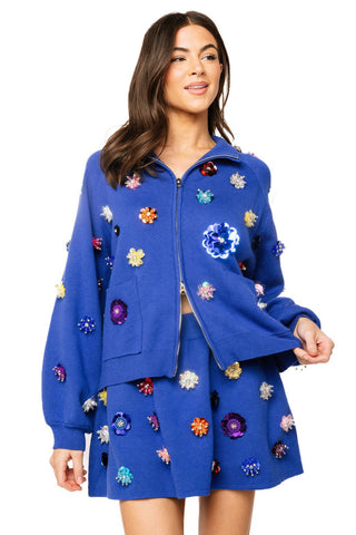 QOS Royal Blue Sequin Flower Zip Up Sweater - Boutique Bella BellaQueen of Sparkles