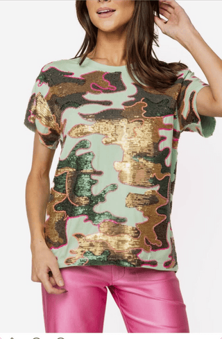 QOS Sequin Mint & Brown Camo Tee - Boutique Bella BellaQueen of Sparkles