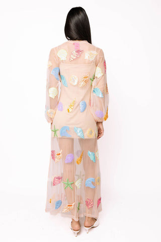 QOS Sheer Beige Shell Long Sleeve Midi Coverup Dress - Boutique Bella BellaQueen of Sparkles