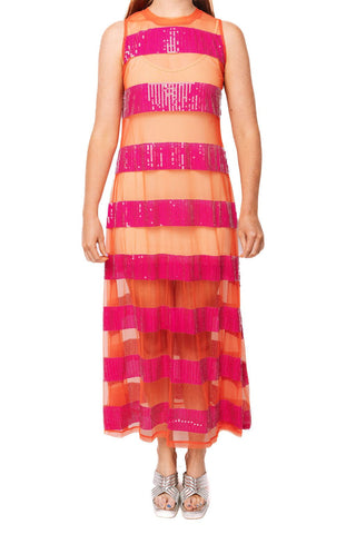 QOS Sheer Orange & Pink Sequin Stripe Coverup Midi Dress - Boutique Bella Bella