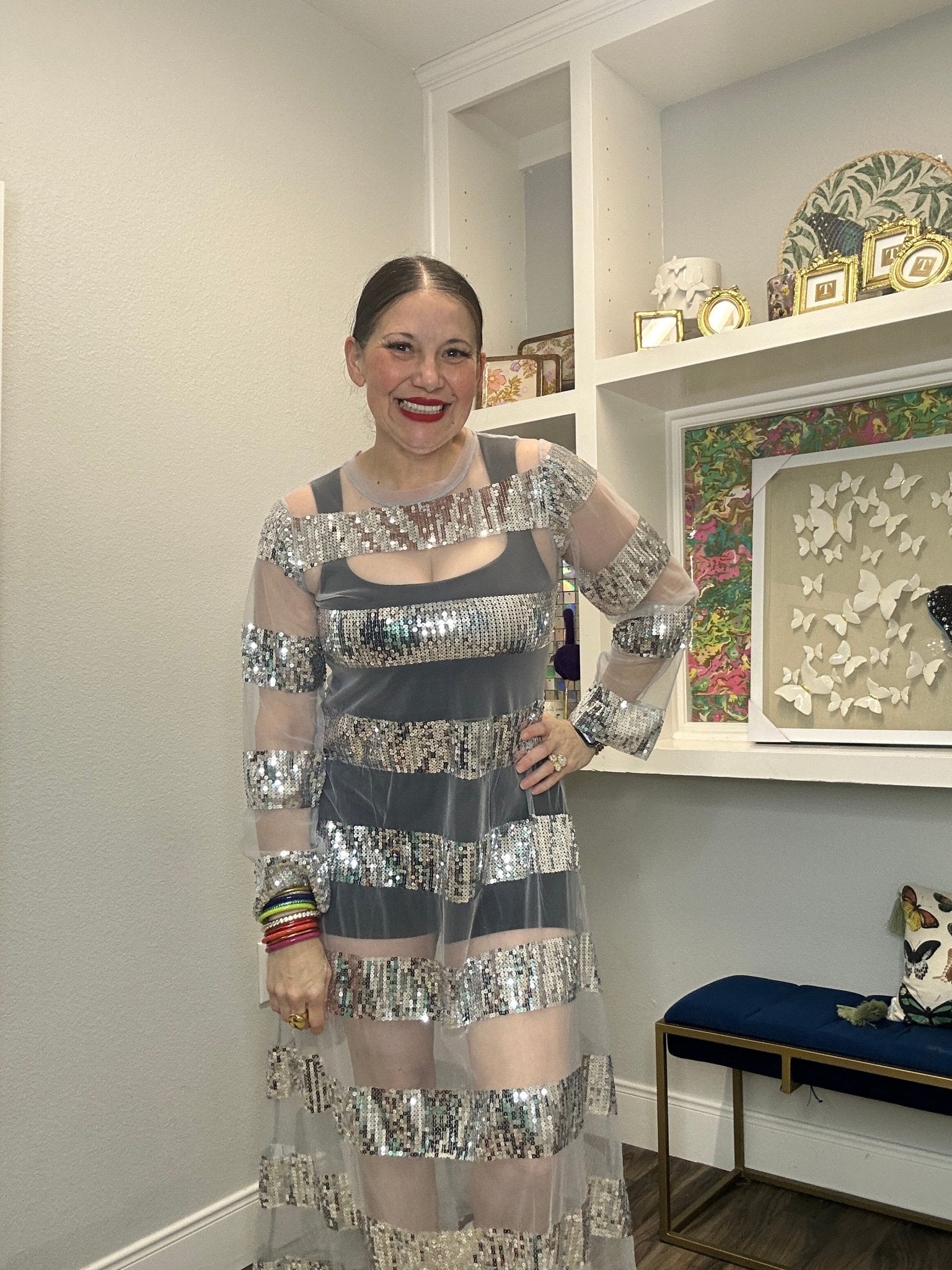 QOS Silver Sequin Stripe Sheer Long Sleeve Coverup Dress XL