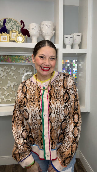 QOS Snake Print Rainbow Trim Button Up Sweater - Boutique Bella BellaQueen of Sparkles