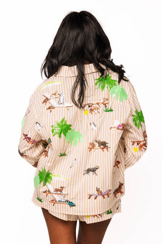 QOS Stripe Dogs Sunbathing Button Up Cotton Top - Boutique Bella BellaTop