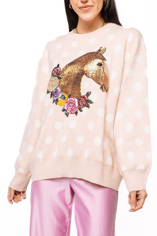 QOS Tan Polka Dot Horse with Rose Wreath Sweater - Boutique Bella BellaQueen of Sparkles