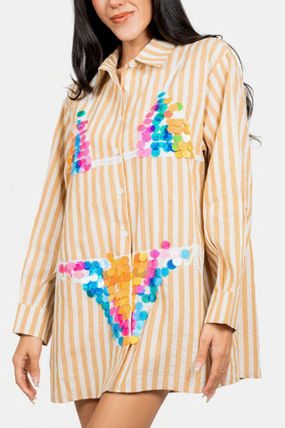 QOS Tan Striped Multi Paillette Bikini Tunic - Boutique Bella BellaTunic