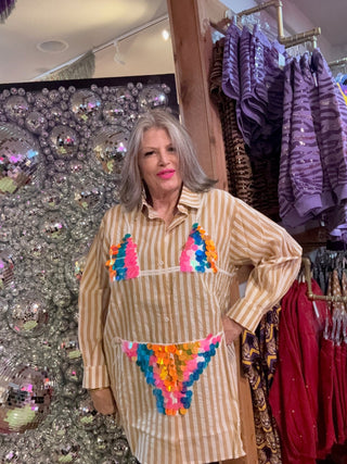 QOS Tan Striped Multi Paillette Bikini Tunic - Boutique Bella BellaTunic