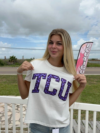 QOS - TCU Jeweled Letter Tee - Boutique Bella BellaQueen of Sparkles