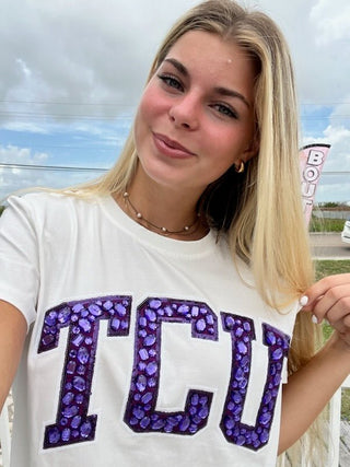 QOS - TCU Jeweled Letter Tee - Boutique Bella BellaQueen of Sparkles