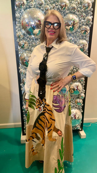 QOS Tiger & Palm Cotton Midi Skirt - Boutique Bella BellaQueen of Sparkles
