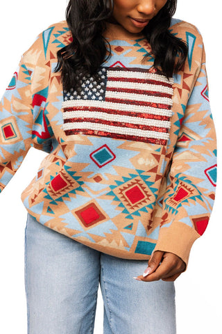 QOS USA Flag Aztec Print Knit Cardigan - Boutique Bella BellaQueen of Sparkles