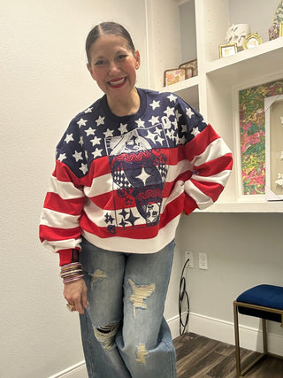 QOS USA Star & Stripe QOS Card Logo Sweatshirt - Boutique Bella BellaQueen of Sparkles