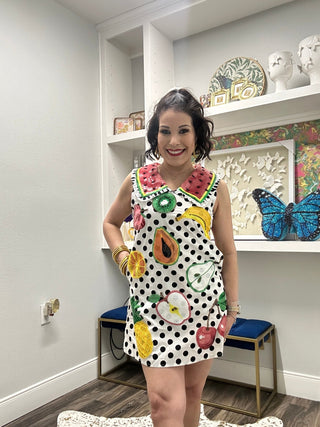 QOS White & Black Polka Dot Multi Fruit Collar Cotton Tank Dress - Boutique Bella BellaQueen of Sparkles
