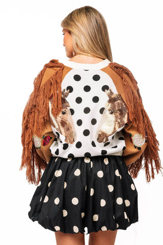 QOS White & Black Polka Dot Rose & Fringe Horse Sleeve Button Up Cardigan - Boutique Bella BellaQueen of Sparkles