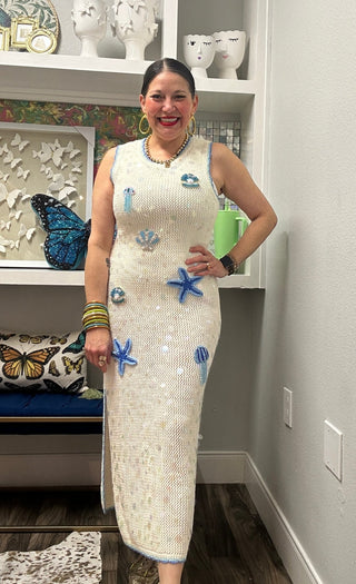 QOS White & Blue Sea Icon Knit Pailette Tank Midi Dress - Boutique Bella BellaDRESS