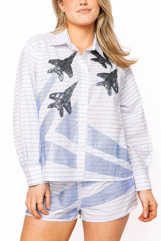 QOS White & Blue Striped Blue Angels Cotton Button Up Top - Boutique Bella BellaTop