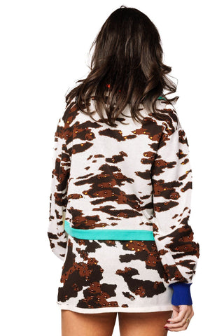 QOS White & Brown Multi Trim Sequin Cow Print Button Up Cardigan - Boutique Bella BellaCardigan