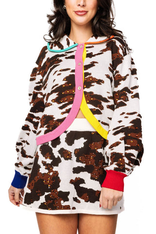 QOS White & Brown Multi Trim Sequin Cow Print Button Up Cardigan - Boutique Bella BellaCardigan