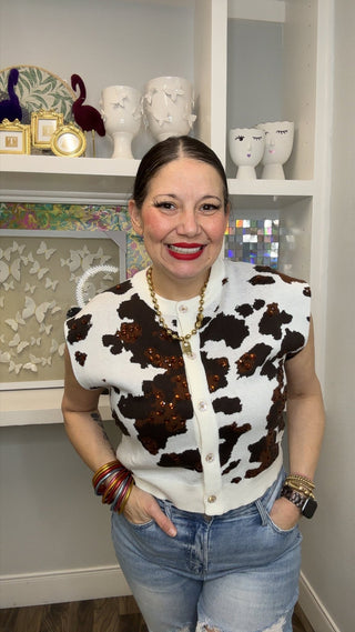 QOS White & Brown Sequin Cow Print Button Up Vest - Boutique Bella Bellavest
