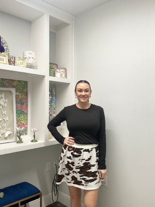 QOS White & Brown Sequin Cow Print Skirt - Boutique Bella BellaSkirt