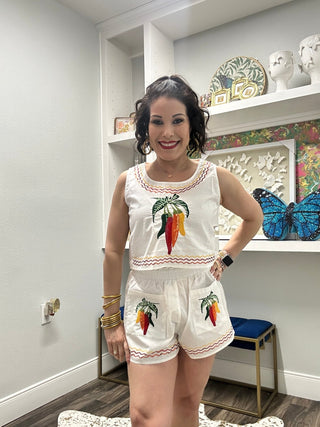 QOS White Cotton Embroidered Chili Pepper Pocket Cotton Short - Boutique Bella BellaQueen of Sparkles
