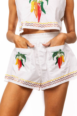 QOS White Cotton Embroidered Chili Pepper Pocket Cotton Short - Boutique Bella BellaQueen of Sparkles