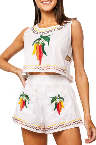 QOS White Cotton Embroidered Chili Pepper Pocket Cotton Short - Boutique Bella BellaQueen of Sparkles