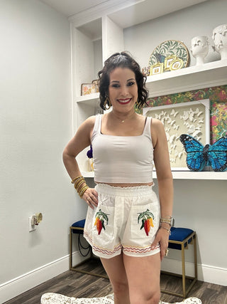 QOS White Cotton Embroidered Chili Pepper Pocket Cotton Short - Boutique Bella BellaQueen of Sparkles