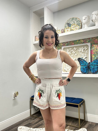 QOS White Cotton Embroidered Chili Pepper Pocket Cotton Short - Boutique Bella BellaQueen of Sparkles